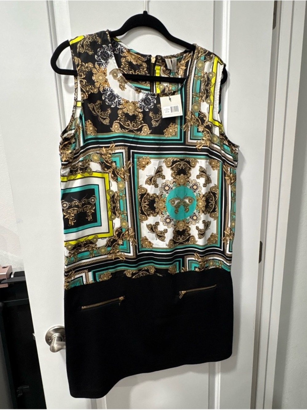 Madison Black, White, Gold & Teal Printed Mini Dress
